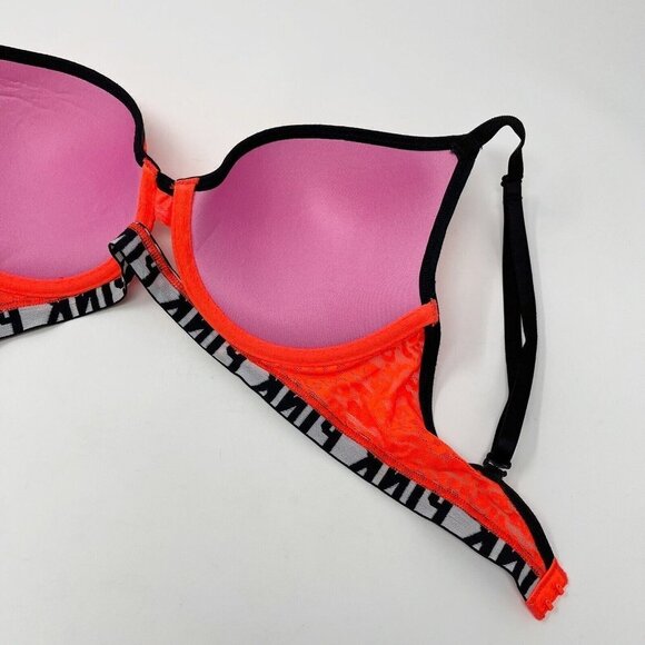 Victorias Secret PINK Push Up Bra Size 32D Neon Orange Leopard Logo - Picture 6 of 9